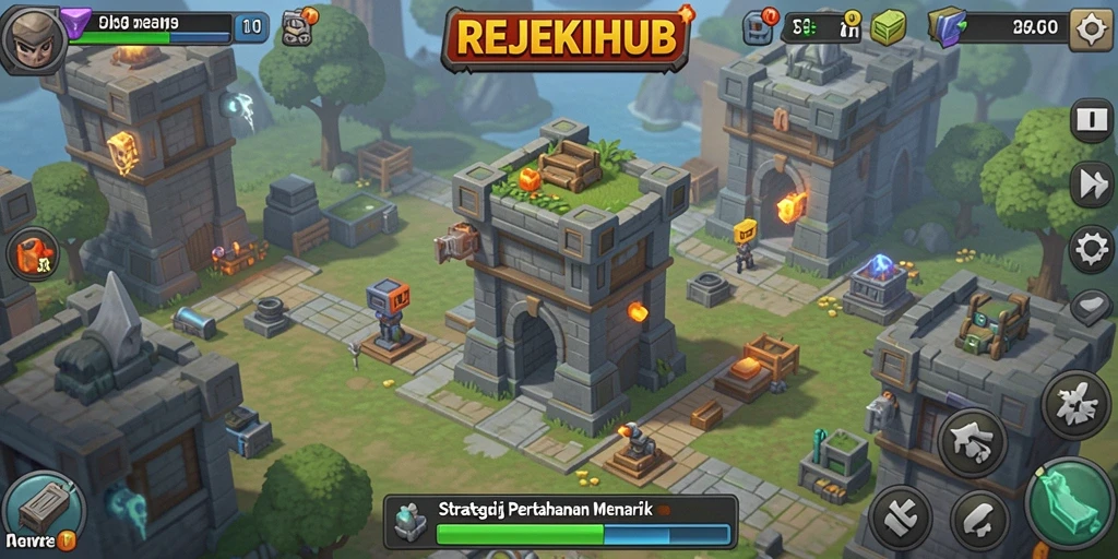 Tampilan gameplay menarik dalam REJEKIHUB dengan berbagai menara dan musuh.