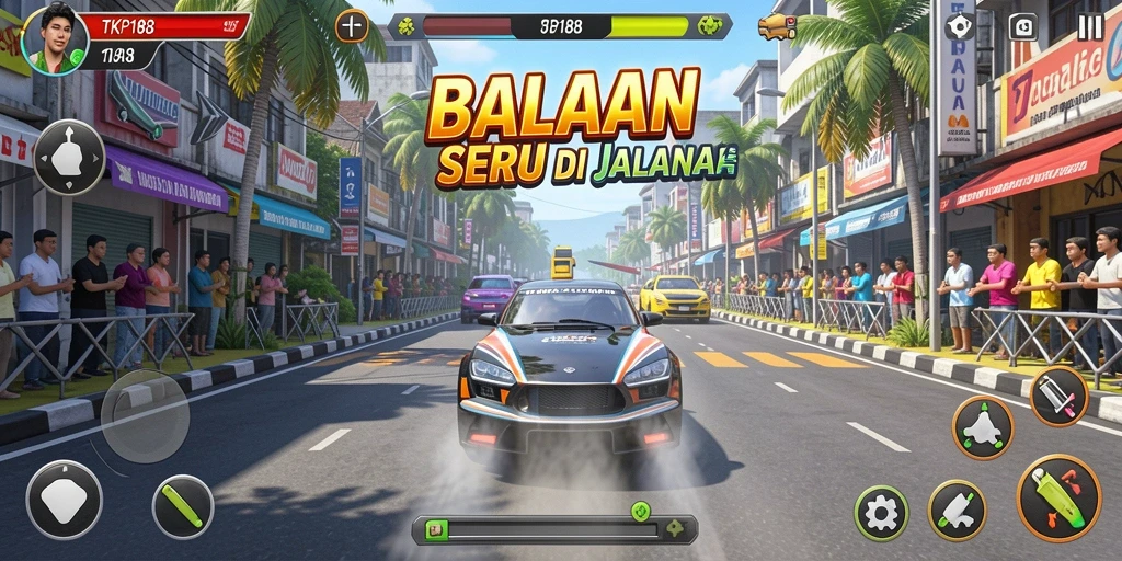 Tampilan seru gameplay balap di TKP188 dengan kendaraan yang melaju kencang.